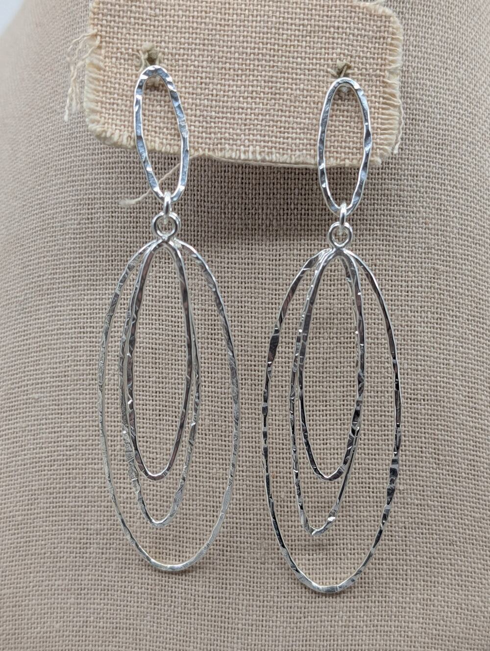 Paola Valentini 925 Sterling Silver Hammered Triple Oval Drop Earrings 3.25"